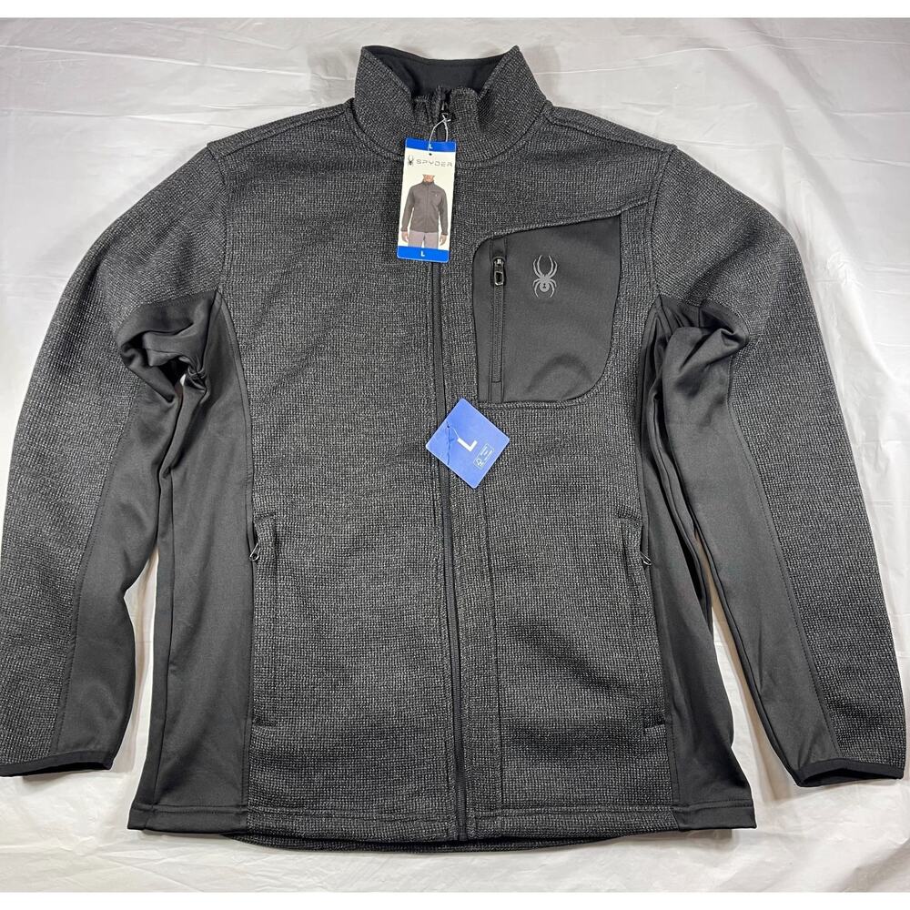 Spyder Mens Large Full Zip Fleece Jacket Gray Black Stretch Performance NWT